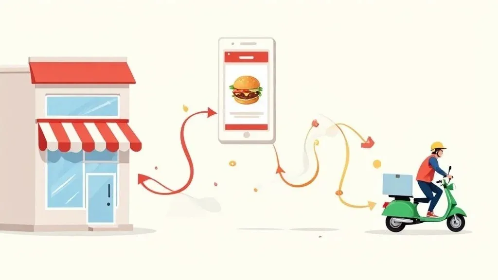 Customer ordering food via on-demand delivery app with scooter delivery illustration.