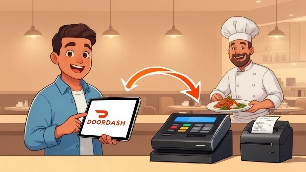 DoorDash business sign up restaurant growth illustration with chef and service connections.