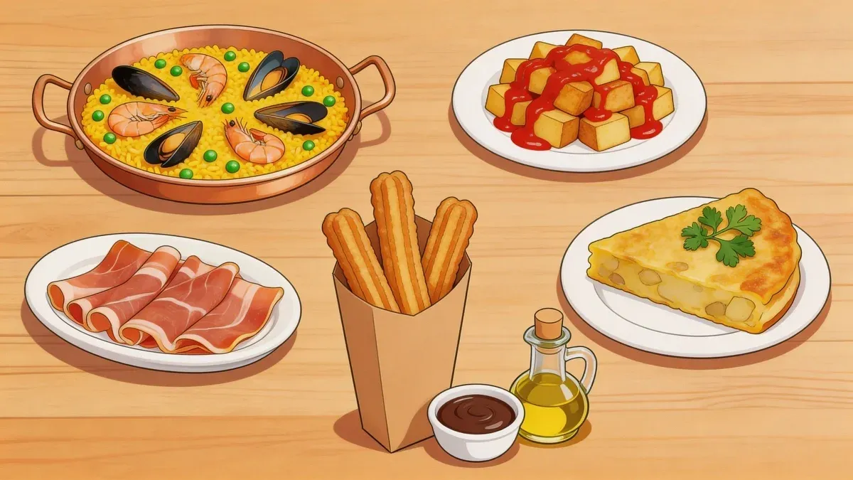 Popular Spanish food items including tapas, croquetas, and jamón Iberico for restaurant menus.