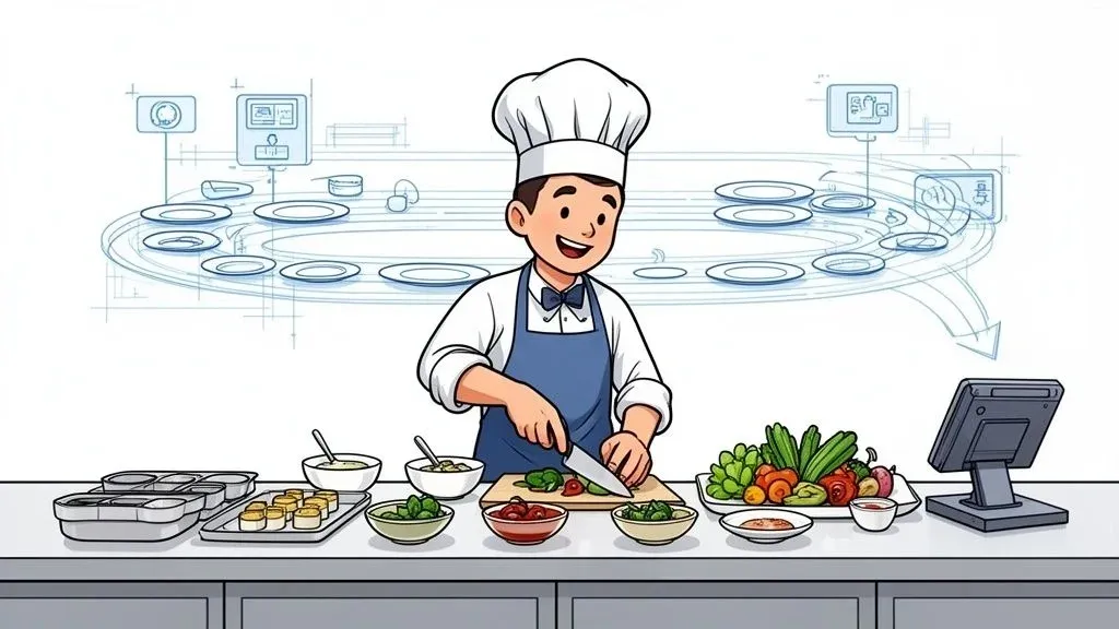 Prep cook chopping vegetables to streamline restaurant kitchen operations and improve efficiency.