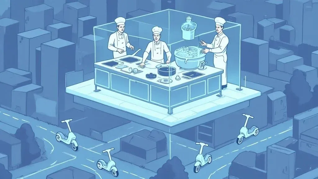 Ghost kitchen model illustrating delivery-only, low cost, no storefront concept.