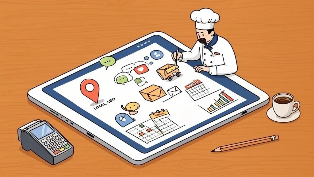 Marketing foundation process diagram showing identity, target audience, and goals for restaurant success.