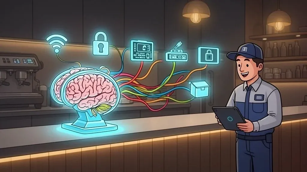 Illustration of restaurant IT support managing POS, kitchen, and Wi-Fi systems for seamless operations.